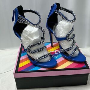 XYD BLUE LEATHER 4.5” HEELS WITH CHAIN DETAIL NEW IN BOX FTL-04-125